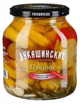 Цукини Лукашинские маринованные со сладким перцем и алычёй 670гр. Продаётся упаковками 8-банок. 