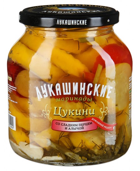 Цукини Лукашинские маринованные со сладким перцем и алычёй 670гр. Продаётся упаковками 8-банок. 