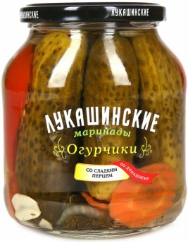 Огурчики маринованные  Лукашинские со сладким перцем 670гр. Продаётся упаковками 8-банок. 