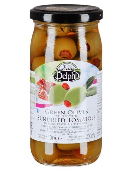 Оливки Delphi Green Olives фаршированные сушеными томатами в рассоле, 350г
