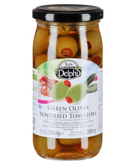 Оливки Delphi Green Olives фаршированные сушеными томатами в рассоле, 350г
